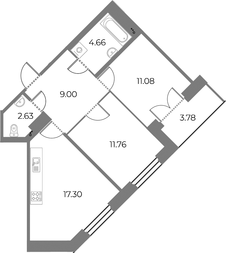 2-комнатная квартира 58.32 м², 11/18 эт., ЖК «Огни Залива»